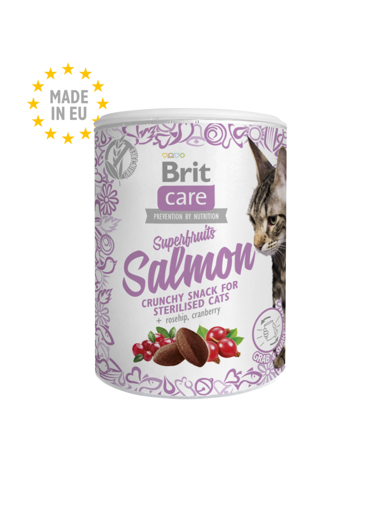 BRIT CARE Cat Superfruits Salmon Crunchy Snacks para Gato Esterilizado - Lata