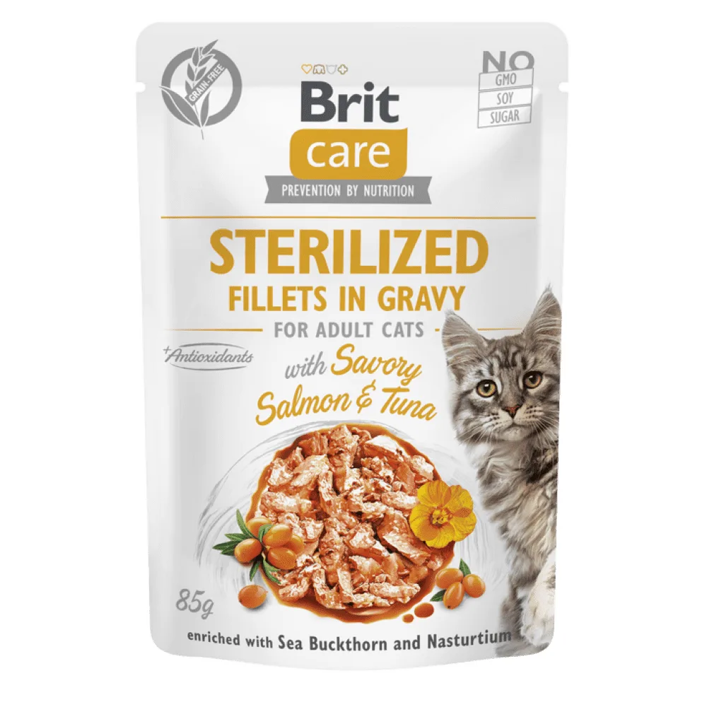 BRIT CARE Cat Sterilized Fillets in Gravy with Savory Salmon & Tuna - Pouch