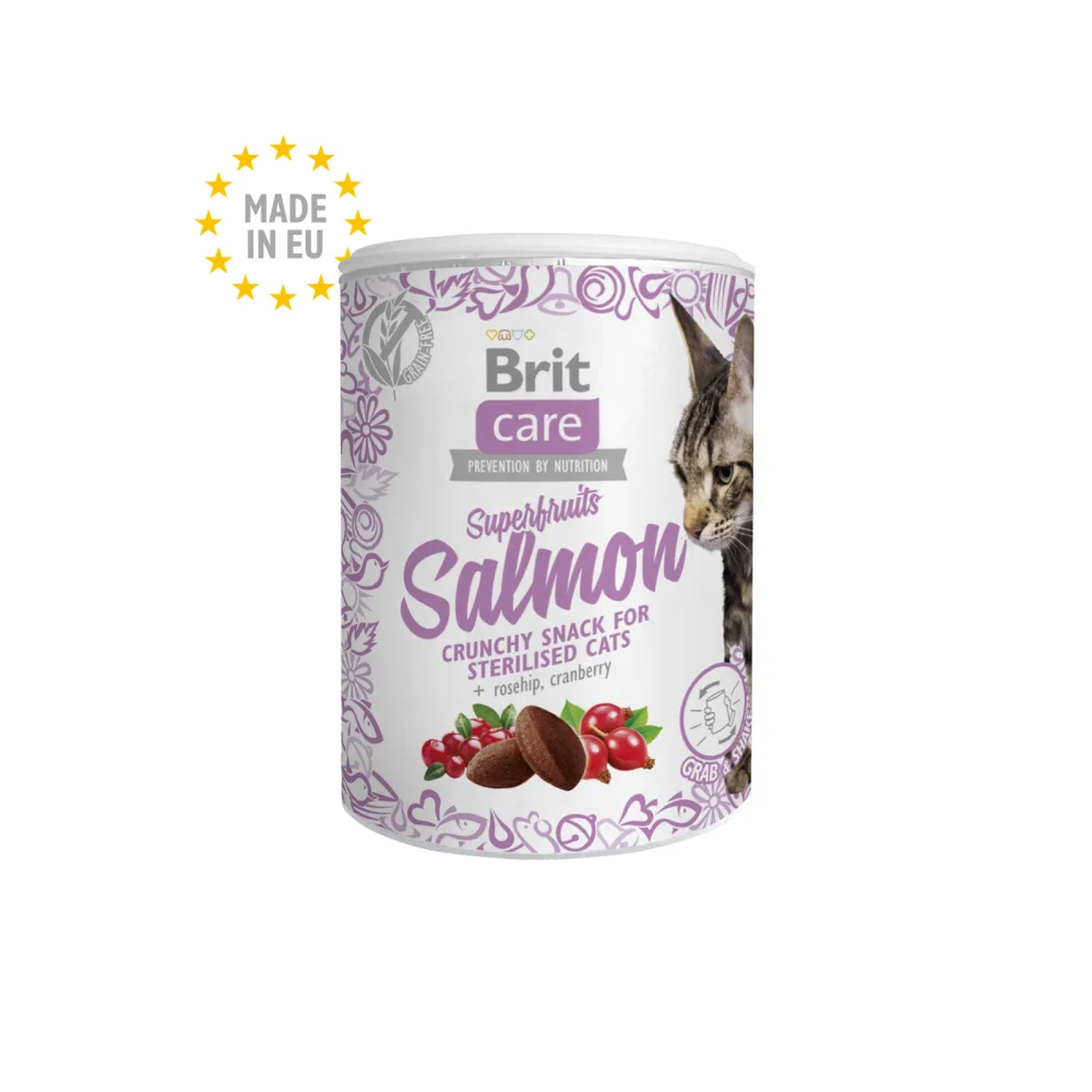 BRIT CARE Cat Superfruits Salmon Crunchy Snacks para Gato Esterilizado - Lata